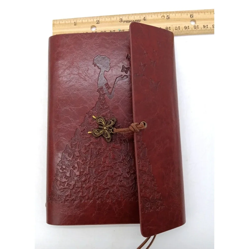 Vtg Burgundy PU Leather Embossed Girl/Butterfly Dress Refillable Journal  NWOT